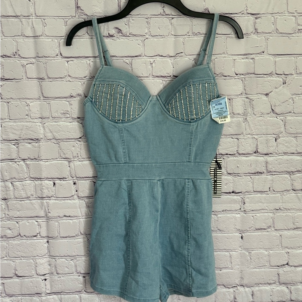 Blue Denim Romper with Studded Detail